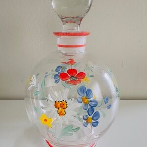 Vintage Hand Painted Floral Glass Decanter Ball Stopper
